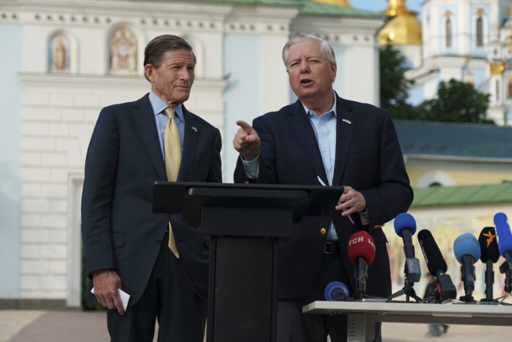 Sen. Lindsey Graham, R-S.C., right, and Sen. Richard Blumenthal, D-Conn., left, speak during a press conference in Kyiv, Ukraine, on Friday, May 30, 2025.