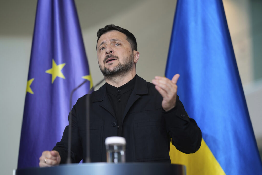 President Zelenskyy at a news conference at the chancellery in Berlin, Germany.
