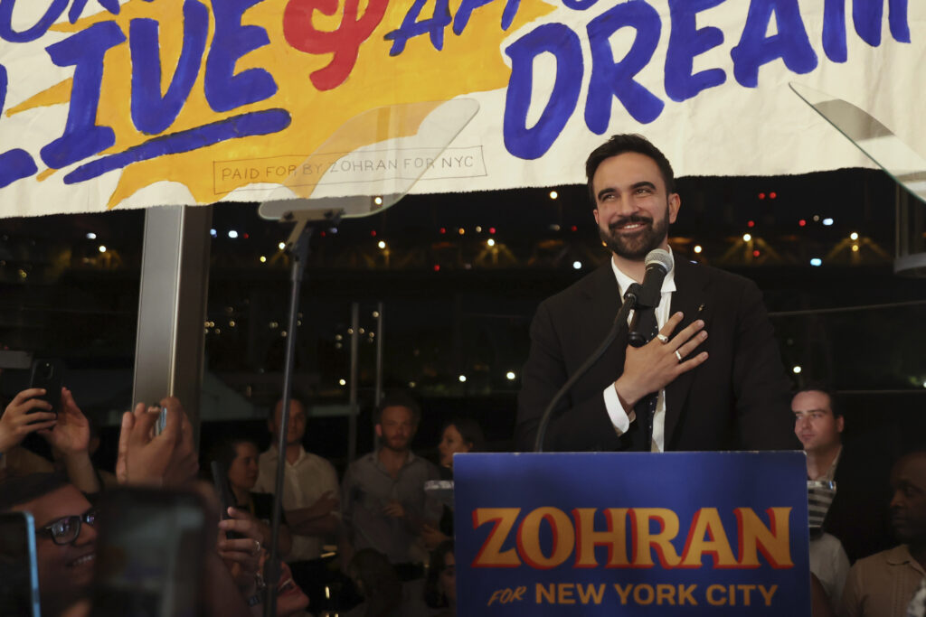 Democratic mayoral candidate Zohran Mamdani takes the stage at his primary election party, Wednesday, June 25, 2025, in New York. (AP Photo/Heather Khalifa)