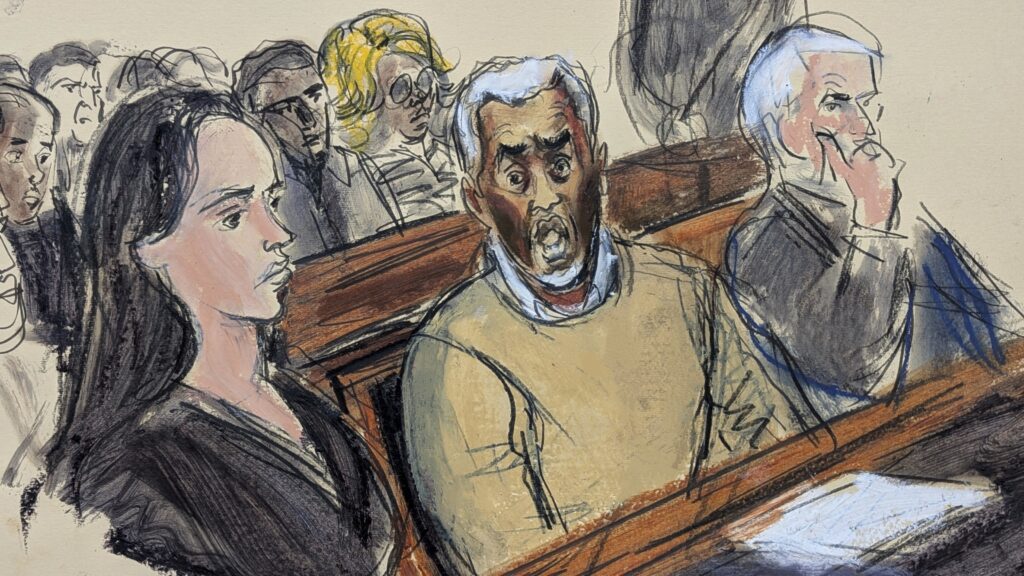 In this courtroom sketch, flanked by defense attorneys Teny Geragos, left, and Brian Steel, right, Sean 'Diddy' Combs, center, reacts after he was denied bail on prostitution-related offenses, July 2, 2025, in Manhattan federal court in New York.
