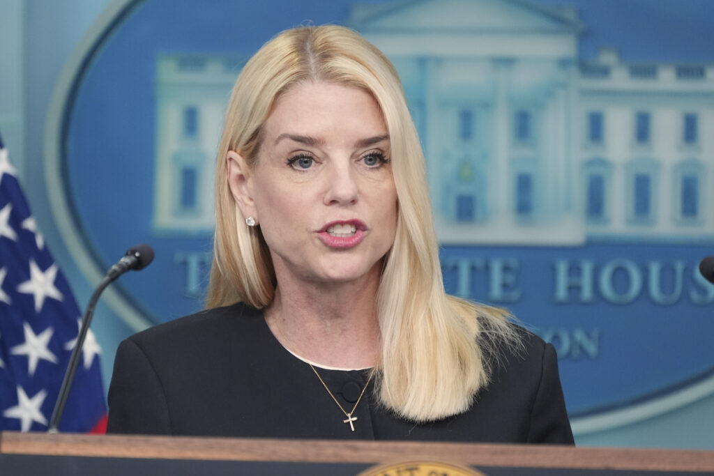 Attorney General Pam Bondi speaks to the media, Friday, June 27, 2025, in the briefing room of the White House in Washington. AP Photo/Jacquelyn Martin