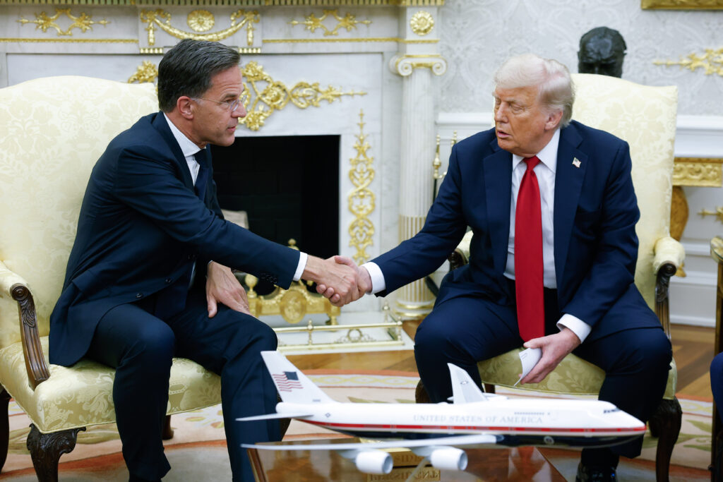 President Trump greets NATO Secretary General Mark Rutte at the White House on July 14, 2025. Kevin Dietsch/Getty Images