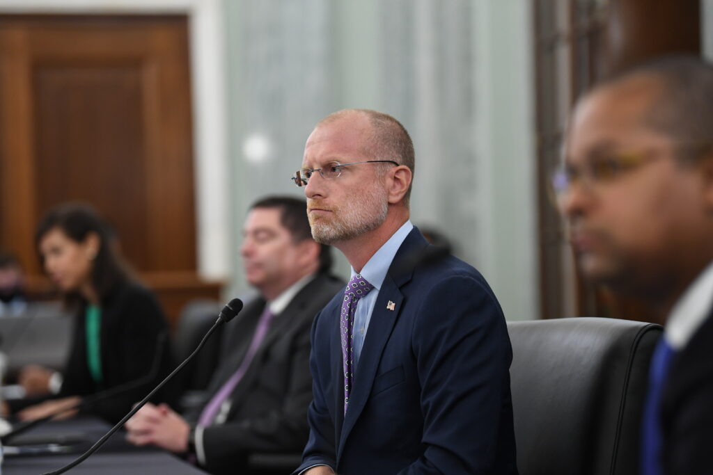 Brendan Carr, the chairman of the Federal Communications Commission, listens during a Senate hearing at Washington, D.C., on June 24, 2020. Jonathan Newton/The Washington Post via AP