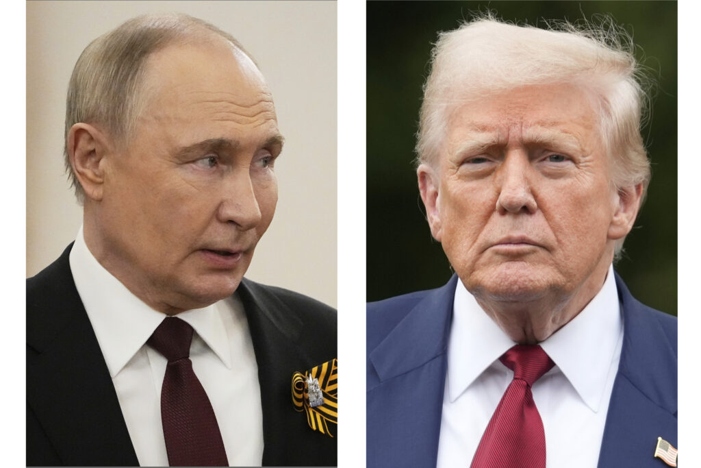 FILE - This combination of photos shows Russian President Vladimir Putin, left, in Moscow on May 9, 2025, and U.S. President Donald Trump in Washington on Aug. 1.