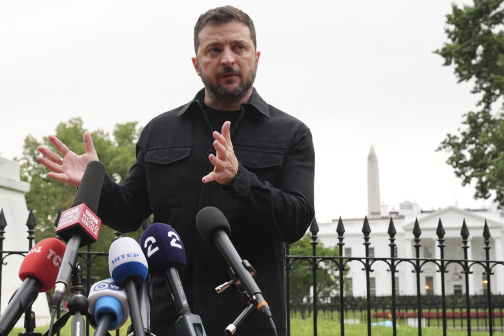 Ukraine's President Volodymyr Zelenskyy speaks in Lafayette Park, across from the White House, after meeting with President Donald Trump and European leaders Monday, Aug. 18, 2025, in Washington.