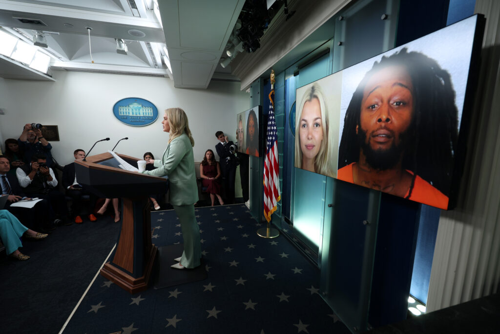 White House Press Secretary Karoline Leavitt speaks about the killing of Ukrainian refugee Iryna Zarutska during a daily press briefing at the White House.