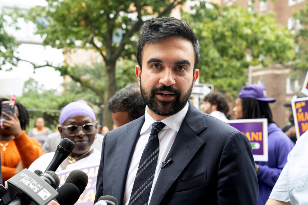 New York mayoral candidate, Zohran Mamdani, holds a campaign event with the healthcare worker's union outside of St. Barnabas Hospital at the Bronx on September 24, 2025. Stephanie Keith/Getty Images.
