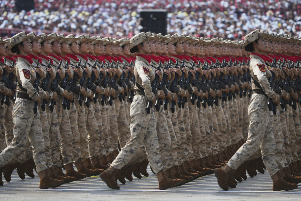 Military personnel take part in a military parade to commemorate the 80th anniversary of Japan's World War II surrender held in front of Tiananmen Gate in Beijing, Wednesday, Sept. 3, 2025.