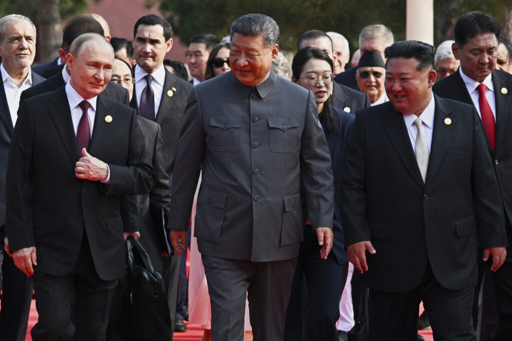Front from left, President Vladimir Putin, President Xi Jinping, and North Korea's Kim Jong-un arrive at a military parade to commemorate the 80th anniversary of Japan's World War II surrender in Beijing, China, Wednesday, Sept. 3, 2025.