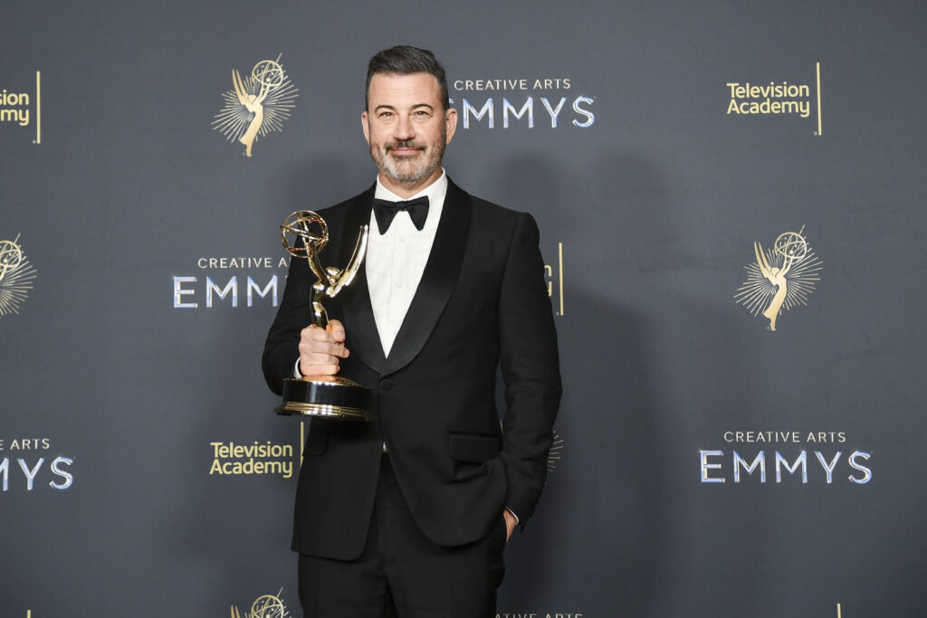 Jimmy Kimmel poses in the press room with the award for host for a game show for "Who Wants to Be a Millionaire" during night two of the Creative Arts Emmy Awards on Sunday, Sept. 7, 2025, at the Peacock Theater in Los Angeles. (Photo by