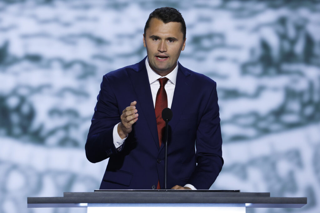 MILWAUKEE, WISCONSIN - JULY 15: CEO of Turning Point USA Charlie Kirk speaks on stage on the first day of the Republican National Convention at the Fiserv Forum on July 15, 2024 in Milwaukee, Wisconsin. Delegates, politicians, and the Republican faithful are in Milwaukee for the annual convention, concluding with former President Donald Trump accepting his party's presidential nomination. The RNC takes place from July 15-18. (Photo by