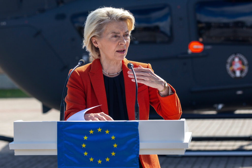 President of European Commission Ursula von der Leyen speaks during a joint press conference with Lithuania's President Gitanas Nauseda at the Border Guard School near Lithuanian-Belarusian border, near the village Medininkai, east of the capital Vilnius, Lithuania, Monday, Sept. 1, 2025