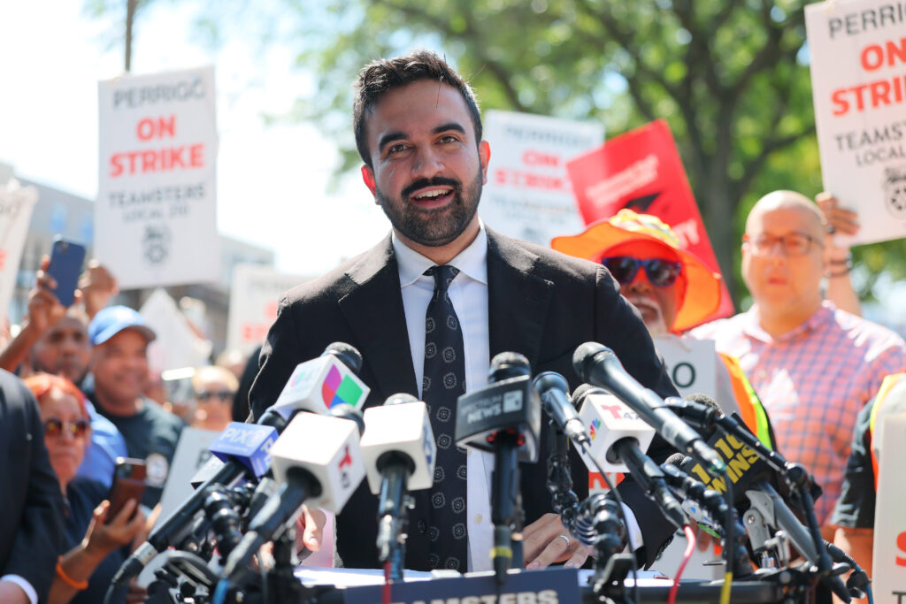 NEW YORK, NEW YORK - SEPTEMBER 15: New York mayoral candidate Zohran Mamdani speaks as he joins striking members of the Teamsters Local 210 outside of the Perrigo Company on September 15, 2025 in New York City. Zohran, Assemblymember Amanda Septimo and State Senator Rivera joined Teamsters Local 210 and 175 Perrigo workers who have been on strike since September 2 calling for fair pay, secure retirement funding, and protections against forced weekend work without overtime pay. (Photo by
