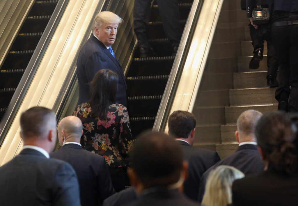 NEW YORK, NY - SEPTEMBER 19: U.S. President Donald Trump rides up an escalator at the United Nations headquarters on September 19, 2017 in New York City. He spoke at his first UN General Assembly meeting. (Photo by