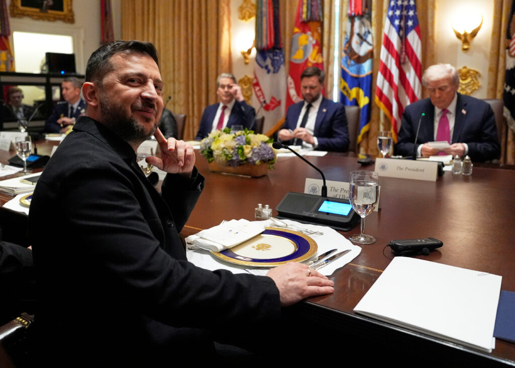 President Zelensky sits before a meeting with President Trump, Vice President JD Vance and Treasury Secretary Scott Bessent in the Cabinet Room of the White House, October 17, 2025.