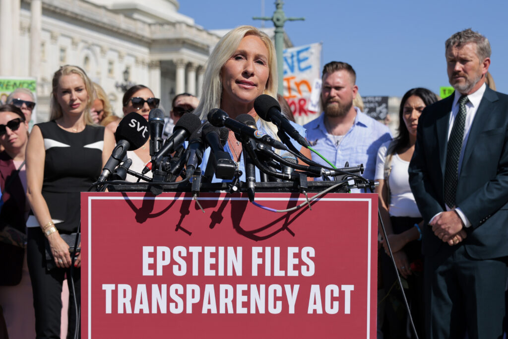 WASHINGTON, DC - SEPTEMBER 03: Rep. Marjorie Taylor Greene (R-GA) speaks during a news conference with 10 of the alleged victims of disgraced financier and sex trafficker Jeffrey Epstein outside the U.S. Capitol on September 03, 2025 in Washington, DC. Rep. Thomas Massie (R-KY) and Rep. Ro Khanna (D-CA ) have introduced the Epstein List Transparency Act to force the federal government to release all unclassified records from the cases of Epstein and his associate, Ghislaine Maxwell. (Photo by Chip Somodevilla/Getty Images)