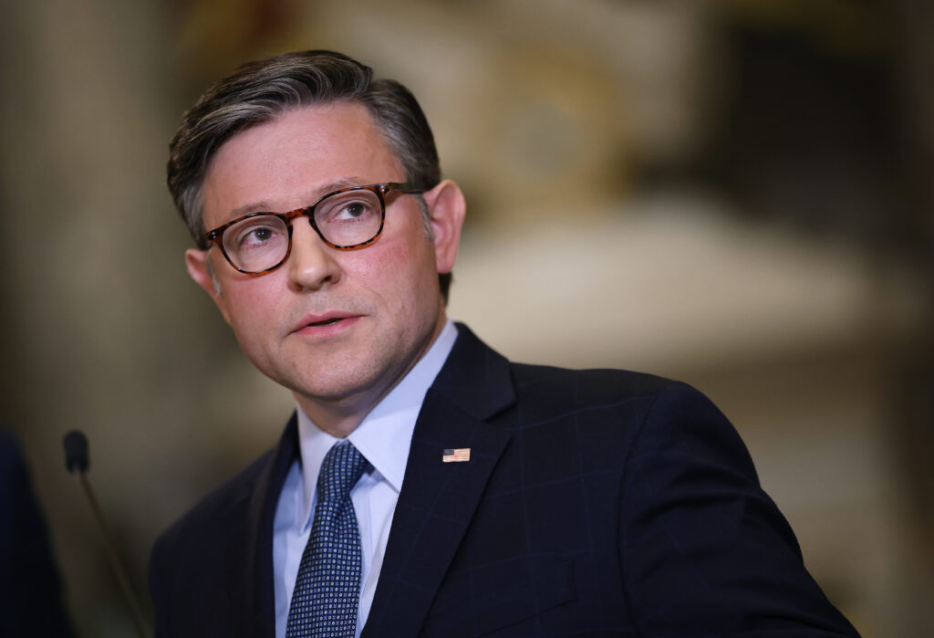 WASHINGTON, DC - OCTOBER 03: U.S. Speaker of the House Mike Johnson (R-LA) listens to a question during a news conference in Statuary Hall at the U.S. Capitol Building on October 3, 2025 in Washington, DC. The federal government shut down early Wednesday after Congress and the White House failed to reach a funding deal. (Photo by