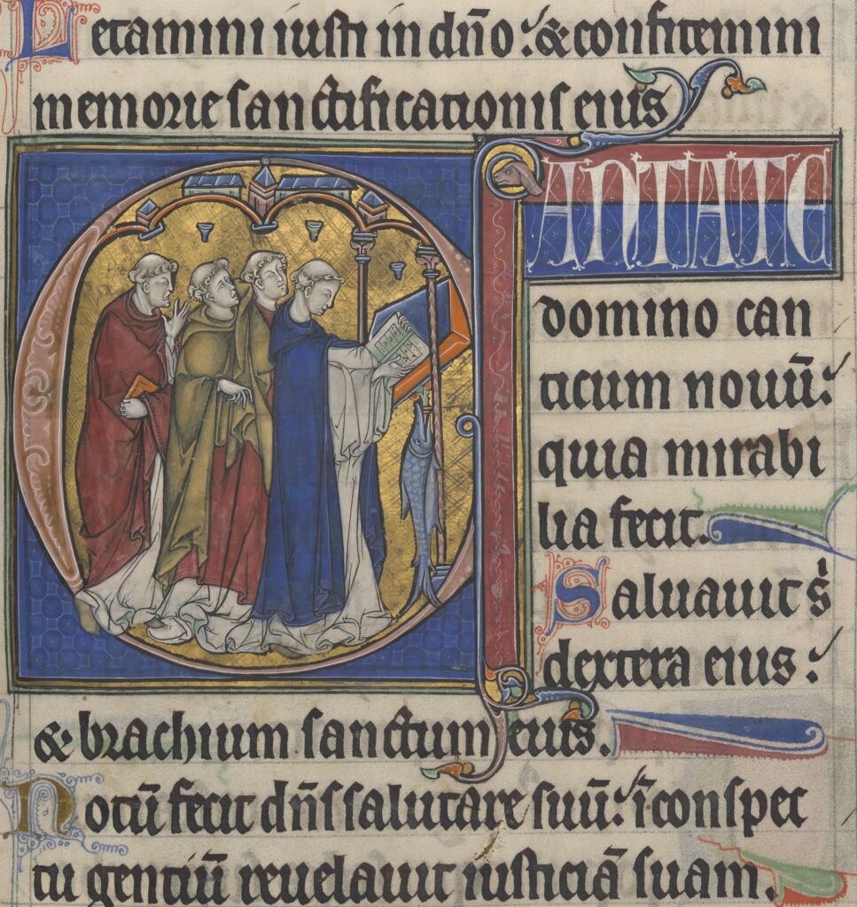 Chanting clerics, from 'The Windmill Psalter,' England, 13th century. Detail.