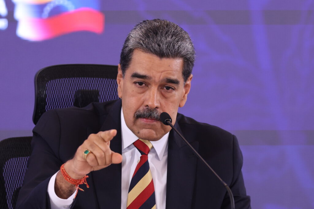 CARACAS, VENEZUELA - SEPTEMBER 01: President of Venezuela Nicolás Maduro speaks during a press conference at Hotel Melia Caracas on September 01, 2025 in Caracas, Venezuela. Maduro stated that his government is targeted by 8 military ships and 1,200 misiles; what he called the largest threat on Venezuela in last 100 years. (Photo by