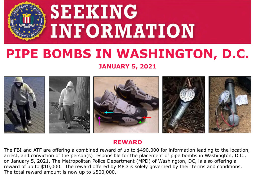 A 'Seeking Information' notice released by the FBI regarding pipe bombs planted outside offices of the Democratic and Republican national committees in Washington on January 5, 2021.