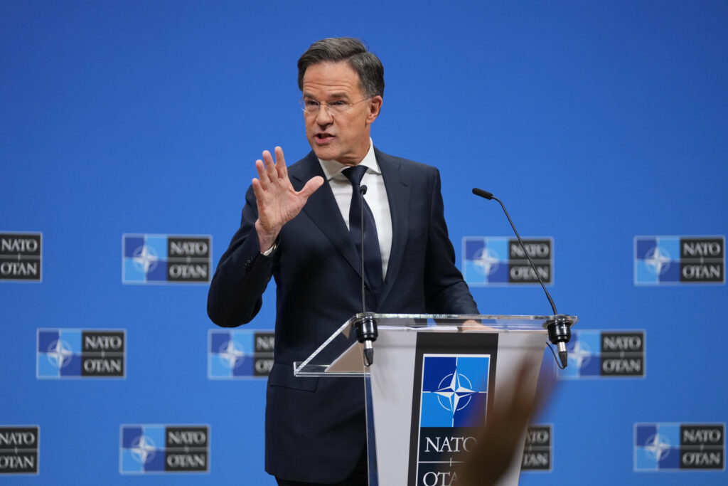 NATO Secretary General Mark Rutte speaks during a pre-ministerial media conference at NATO headquarters in Brussels, Tuesday, Dec. 2, 2025.
