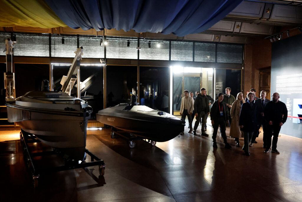 KYIV, UKRAINE - SEPTEMBER 30: Princess Anne, Princess Royal, looks at Ukrainian sea drones in a World War Two museum during a visit to the Ukrainian capital on September 30, 2025 in Kyiv, Ukraine. (Photo by