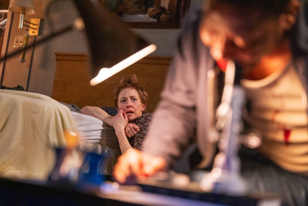 Carrie Coon as Agnes White and Namir Smallwood as Peter Evans in ‘Bug.’ Photo by Matthew Murphy