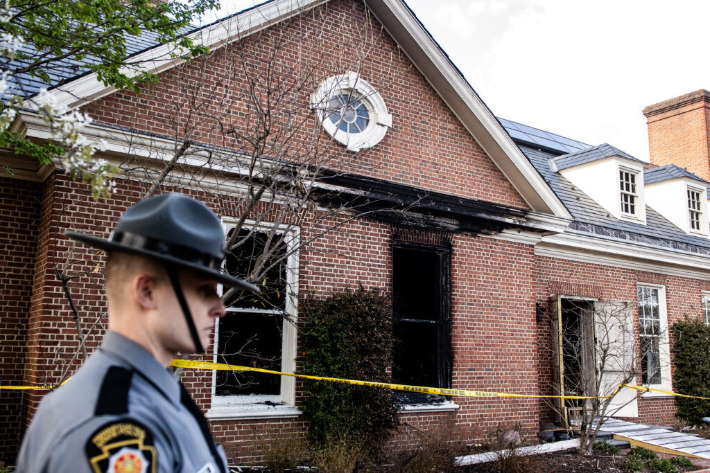 HARRISBURG, PENNSYLVANIA - APRIL 13: Extensive fire damage to the Pennsylvania Governor's Mansion and Gov. Josh Shapiro's residence is seen during a press conference on April 13, 2025 in Harrisburg, Pennsylvania. Authorities have one suspect, Cody Balmer, in custody and say that the suspect accessed the property from a fence in the back. (Photo by