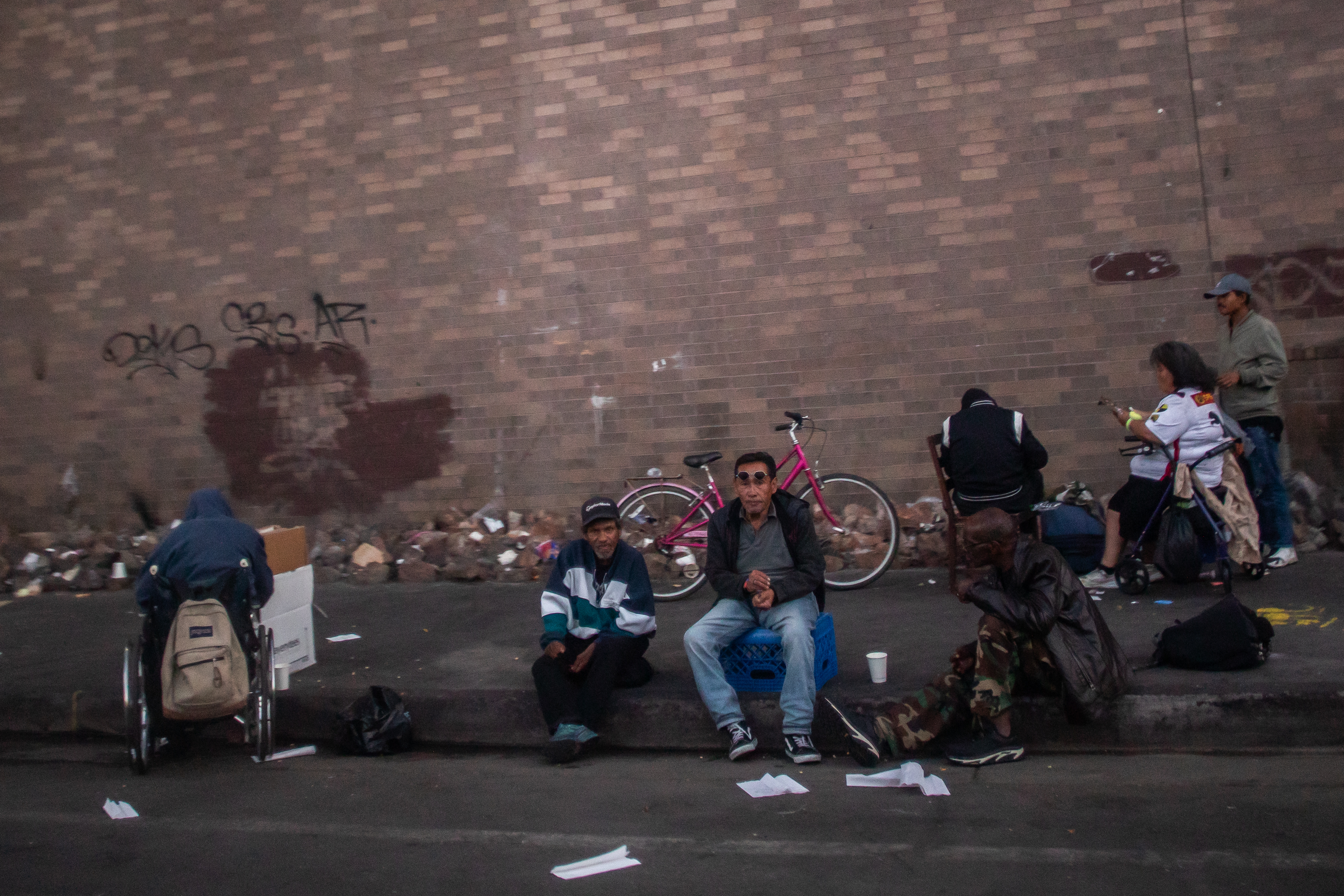 Homeless encampment near a Los Angeles highway before the 2028 Olympics